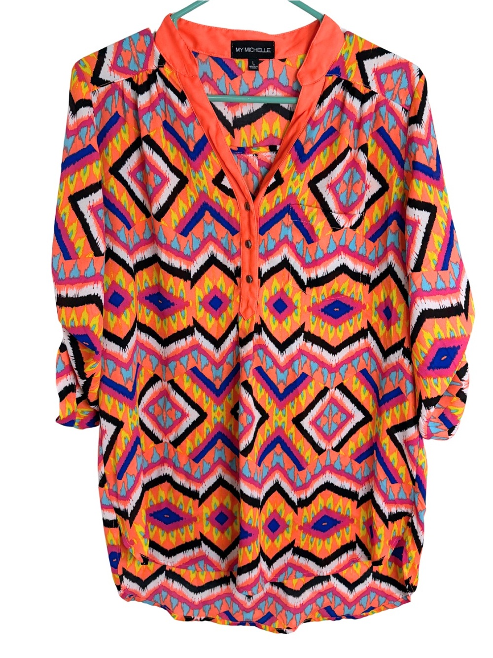 3/$20 My Michelle Coral Multicolor Geometric Print 3/4 Sleeve Blouse Size Large